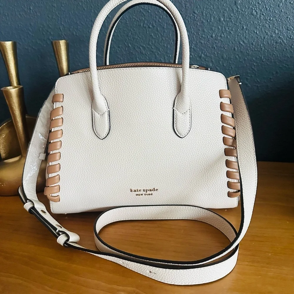 NWT Kate Spade Cream and Tan Satchel with Structured Design & Woven Accents